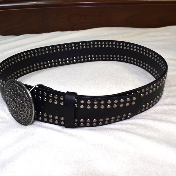 Black Studded Lambskin Leather Wide Belt Round Buckle Women’s XL - Picture 8 of 10